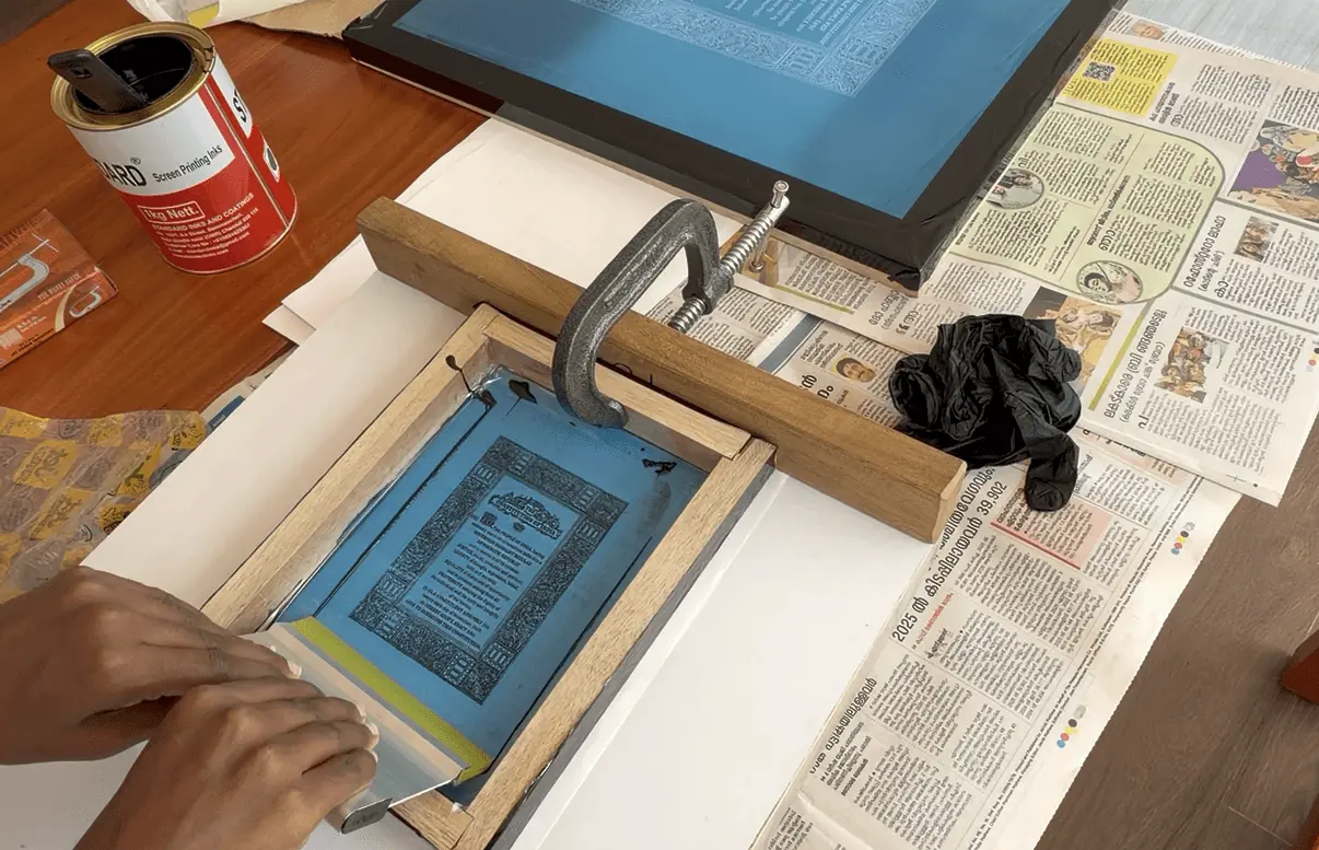 Screen printing practice started for Preamble bags and shirts