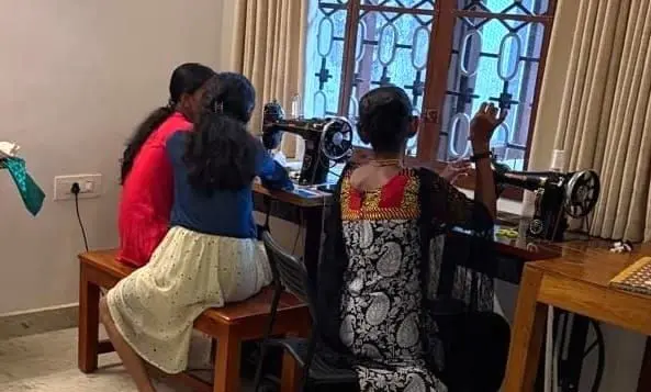 Children started learning to stitch, step by step