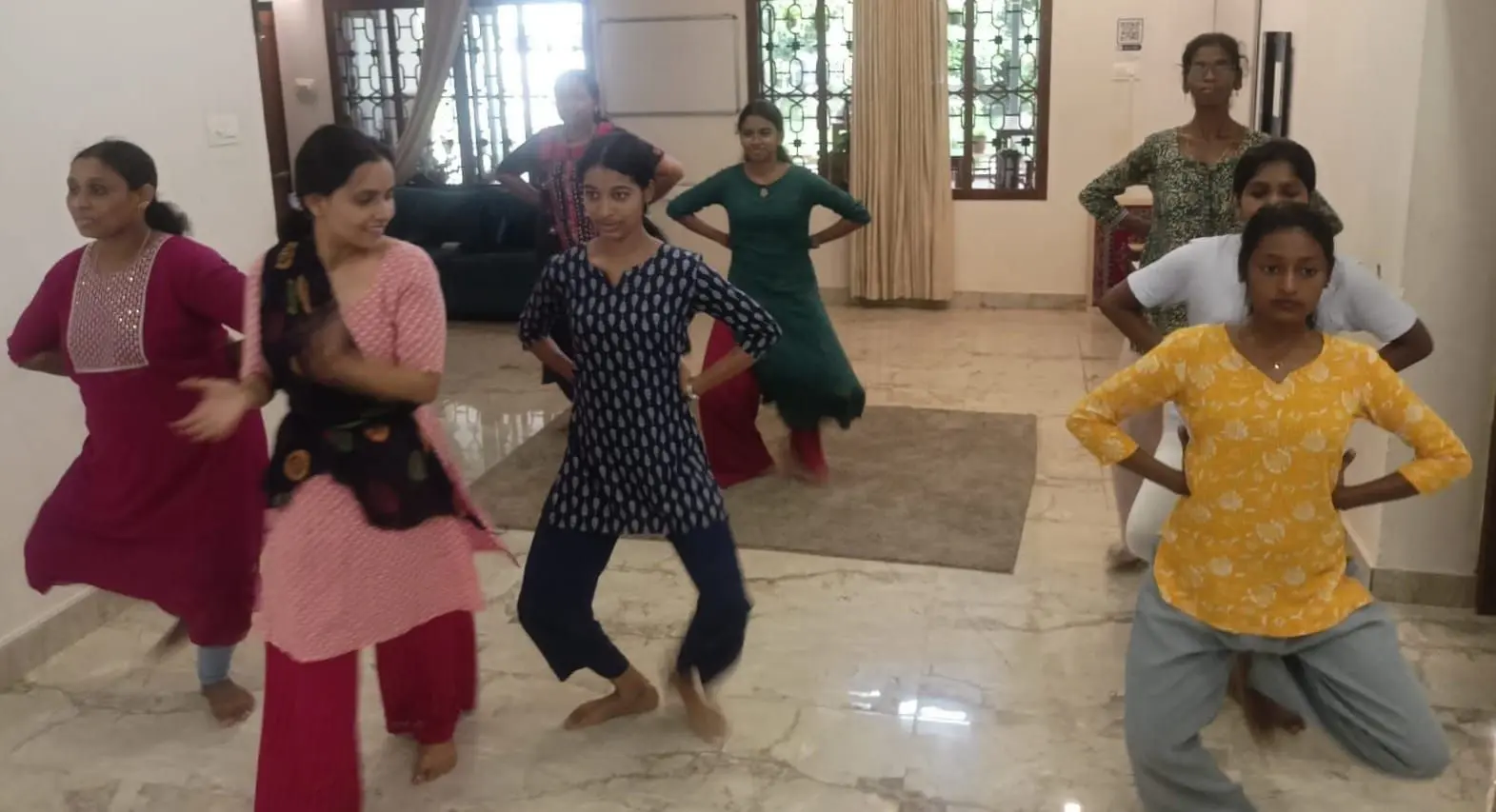 Children and adults practised Bharatanatyam side by side