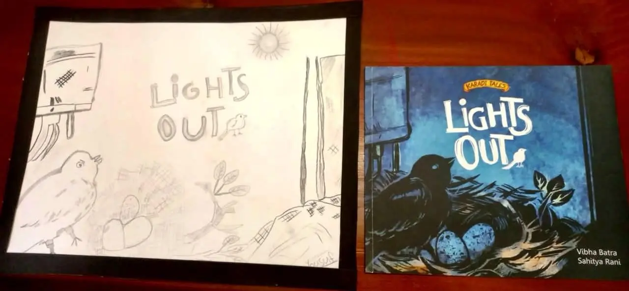 On the left is a framed pencil sketch showing a bird, a sun, a window, and other simple drawings with handwritten words. On the right is a book with a blue cover showing a bird in a nest with eggs, leaves, and handwritten words. Both items rest on a wooden surface.